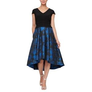 SLNY Women's Printed-Skirt High-Low Dress Blue/Black size 8 NWT